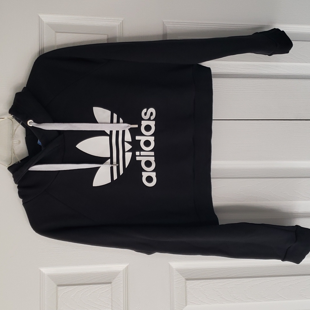 Adidas Originals Trefoil Cropped Hoodie Black White Y2K Streetwear M